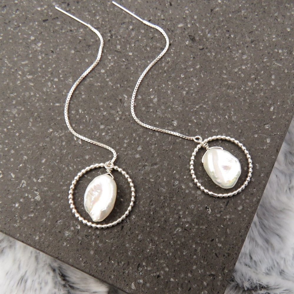 Keshi Pearl Threader Earrings with Beaded Hoops in 925 Sterling Silver